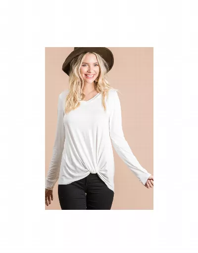 Long Sleeved V-Neck Knotted Top Ivory